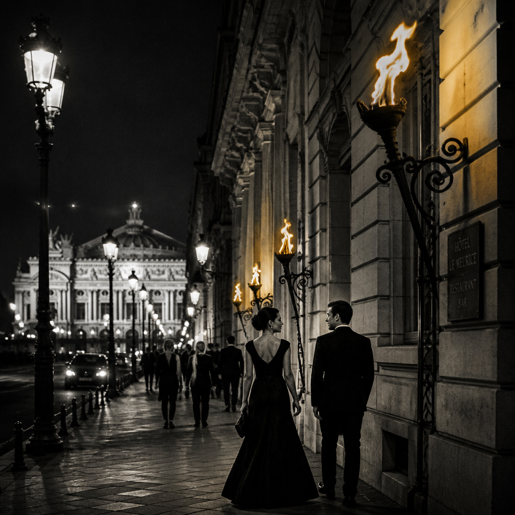 Rua noturna com tochas acesas